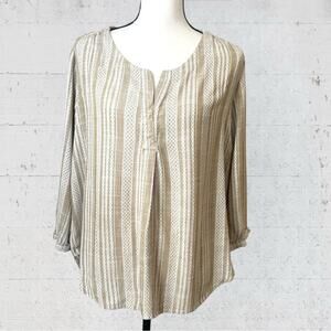 J. Jill Embroidered Tan Spit Neck Loose Fit Boho Peasant Top Size Large